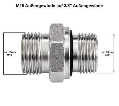 Gewindereduzierung M18 AG auf 3/8" AG Edelstahl Adapter Reduzierung mit Dichtung1
