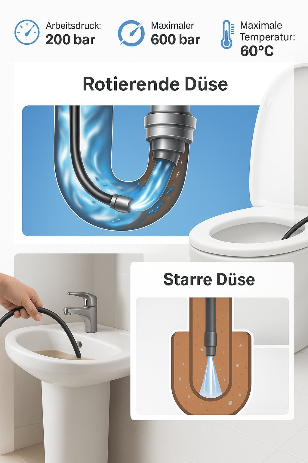 10m 7 teilig Rohrreinigungsschlauch PROFESSIONAL Set für Kärcher Kränzle HD HDS13