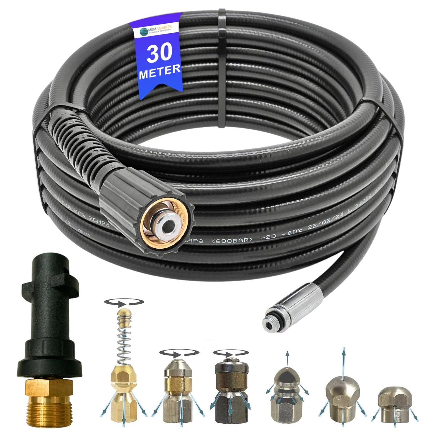 30m Rohrreinigungsschlauch M22 x1,5 IG inkl. Bajonett Adapter und 6 tlg Düsenset0