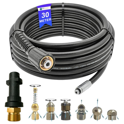 30m Rohrreinigungsschlauch M22 x1,5 IG inkl. Bajonett Adapter und 6 tlg Düsenset0