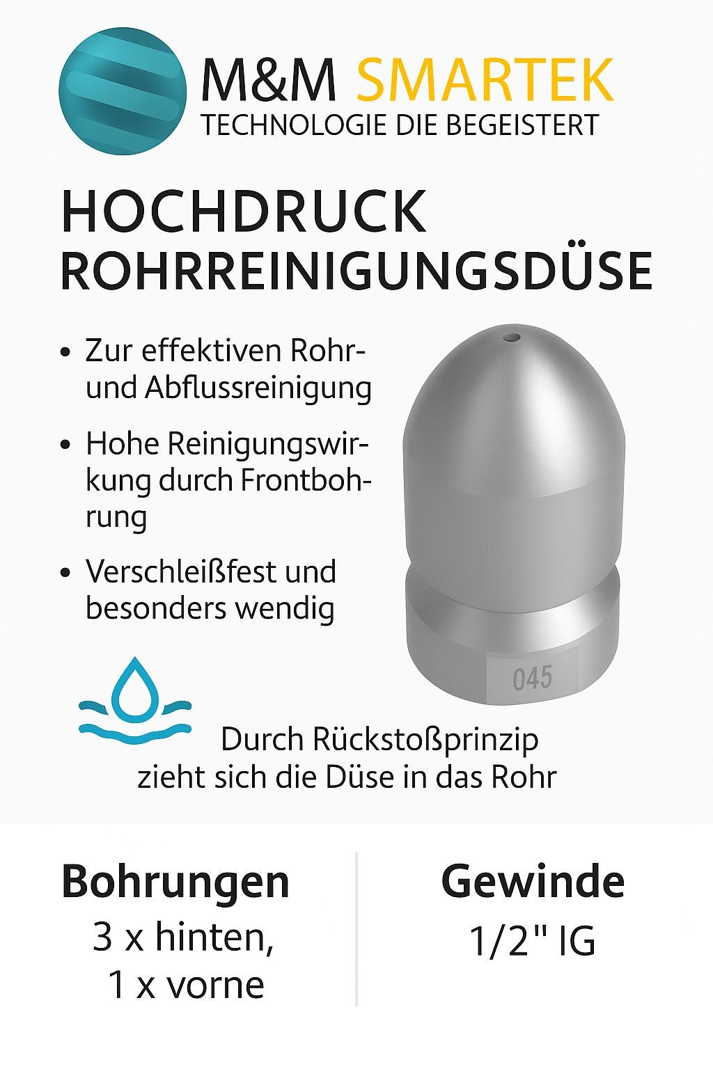 Rohrreinigungsdüse Edelstahl starr 1/2" IG für Kanalreinigung Raketendüse6