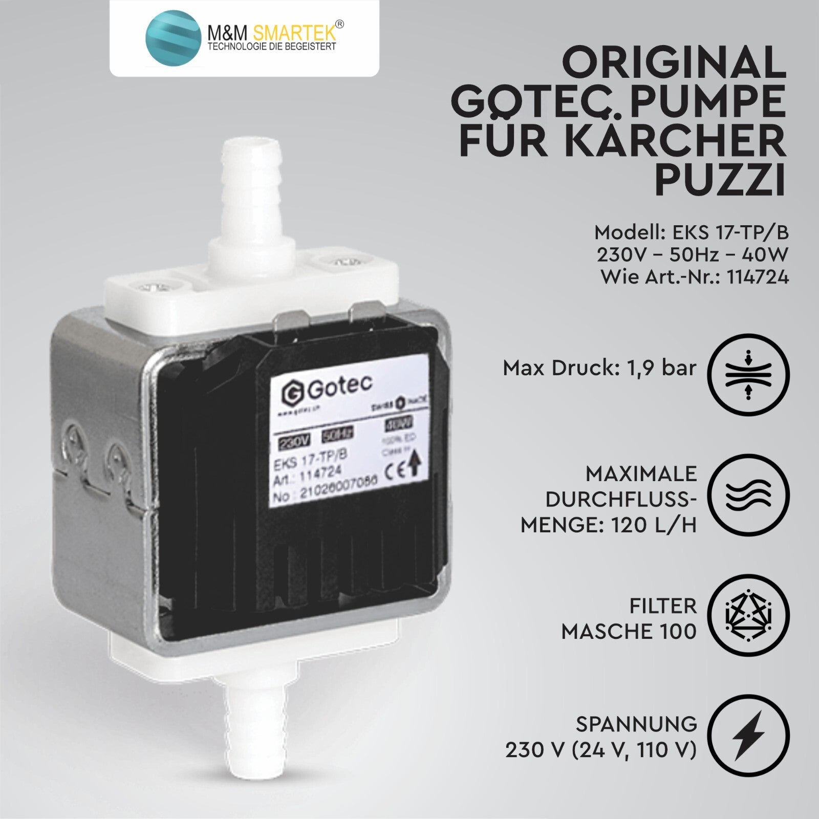 Original Pumpe Gotec für Kärcher Puzzi 100 200 8/1 10/1 10/2 Waschsauger Pomp V23