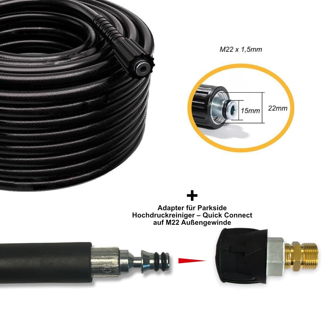 10m Hochdruckschlauch für Parkside M22 x 1,5mm Nippel + Adapter Quick M22 AG0