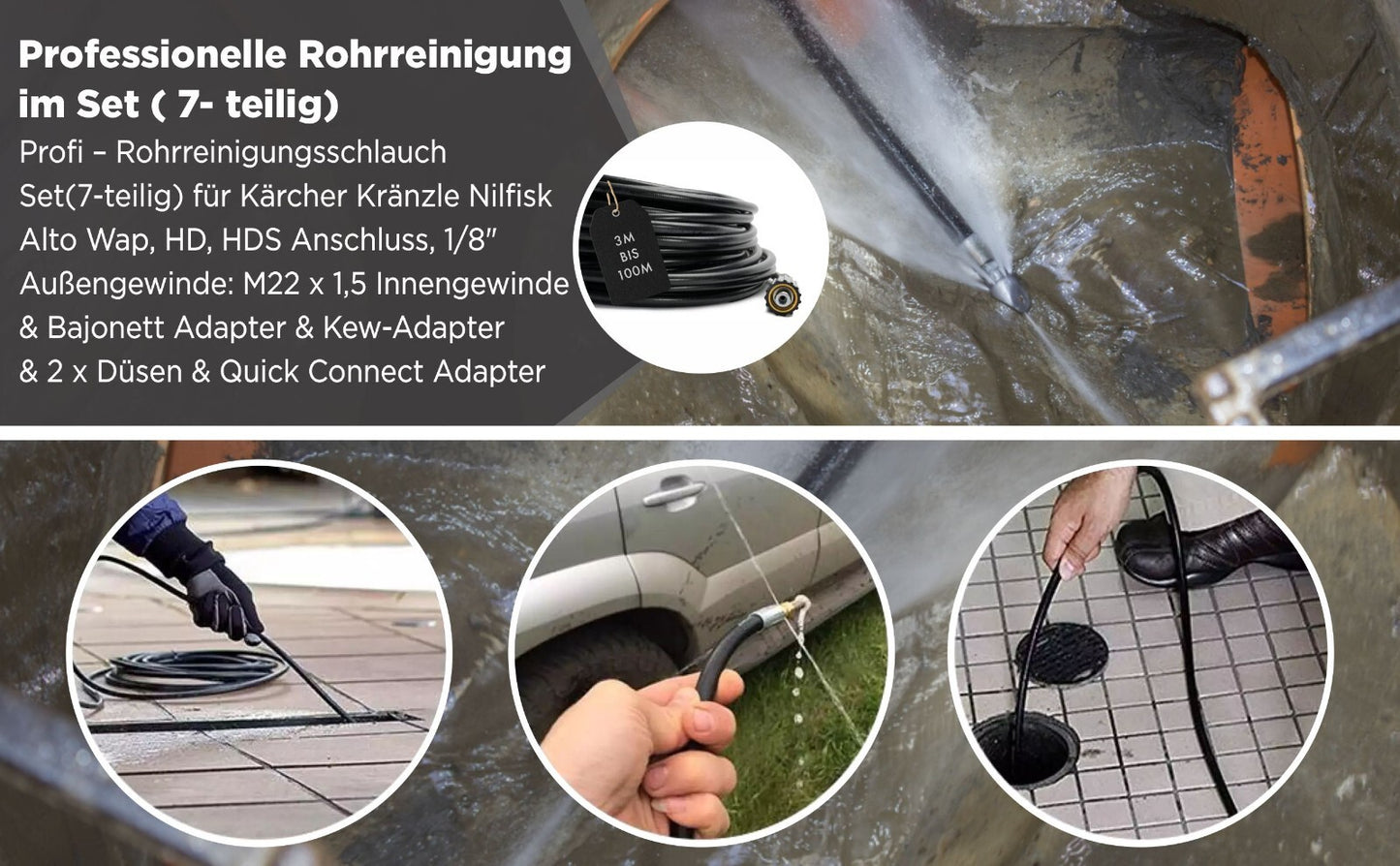 9 Meter Rohrreinigungsschlauch für Kärcher Kränzle NILFISK ALTO 7 Teilig Profi10