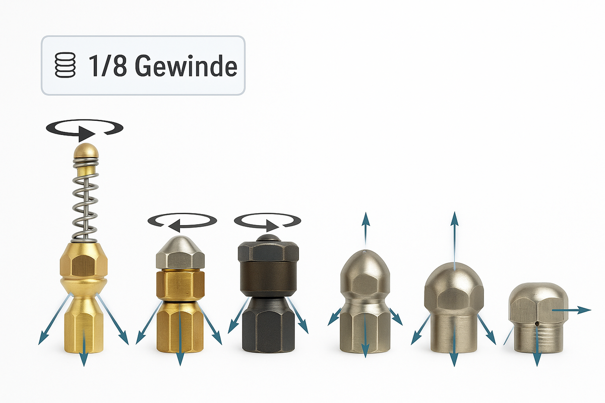 6x Kanalspüldüse 1/8" Hochdruckreiniger 4000 PSI – rotierend, starr, Edelstahl1