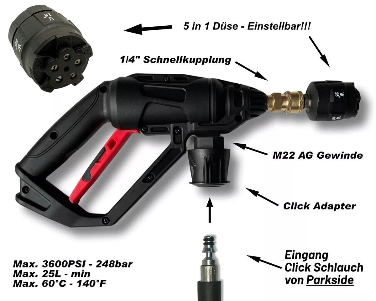 Hochdruckpistole für Parkside u.a. & 5 in 1 Düse Schnellkupplung Click Adapter0