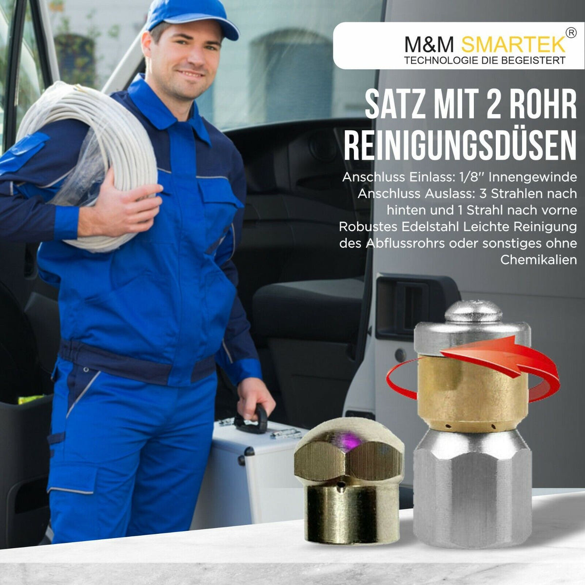 Rohrreinigungsdüse für Kärcher etc. SET  1/8" starr & rotierend Rohrrreinigung