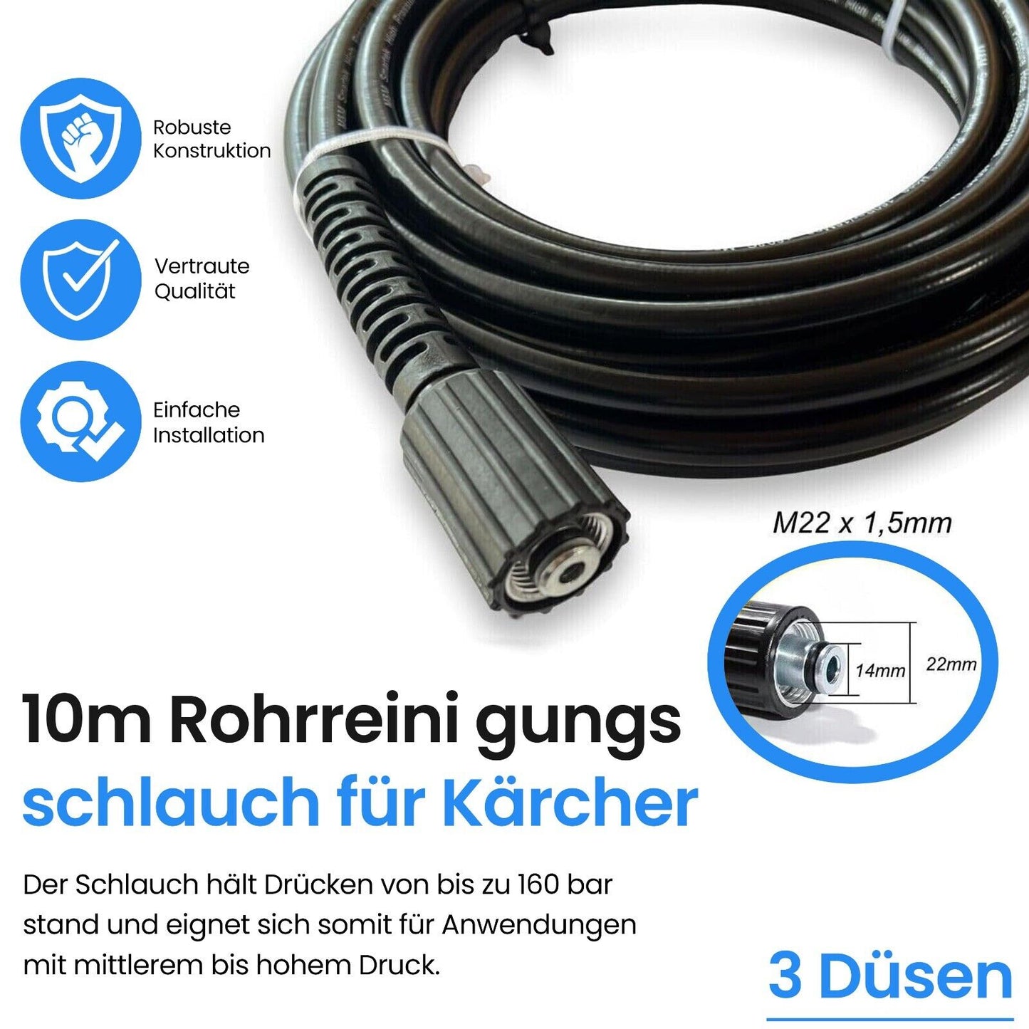 Rohrreinigungsschlauch 10m für Kärcher Kränzle Hochdruckreiniger Abfluss Rohr