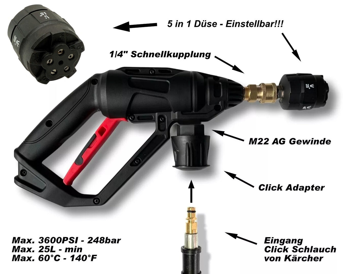 Hochdruckpistole für Kärcher inkl. 5 Meter Schlauch 5 in 1 Düse Schnellkupplung1