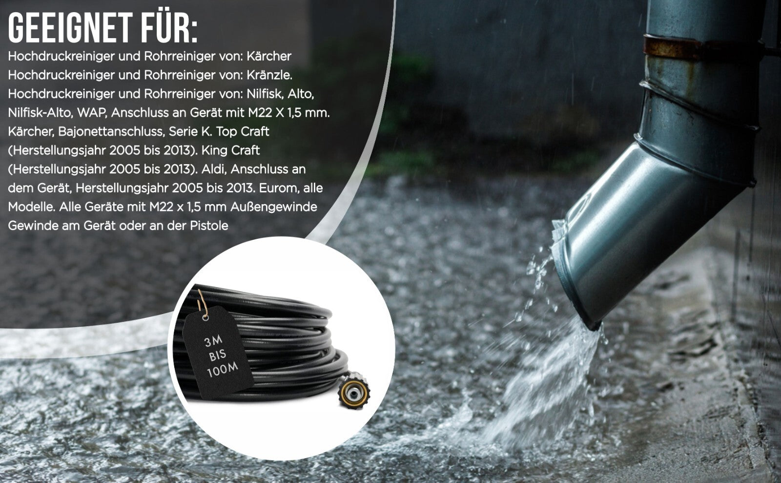 9 Meter Rohrreinigungsschlauch für Kärcher Kränzle NILFISK ALTO 7 Teilig Profi9